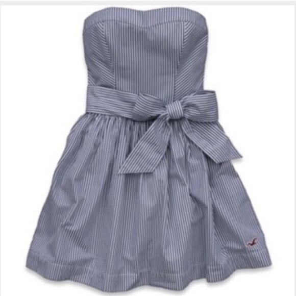 Hollister Blue White Strapless Bow Dress L | Nautical Stripe Cotton Fit & Flare - Picture 1 of 6